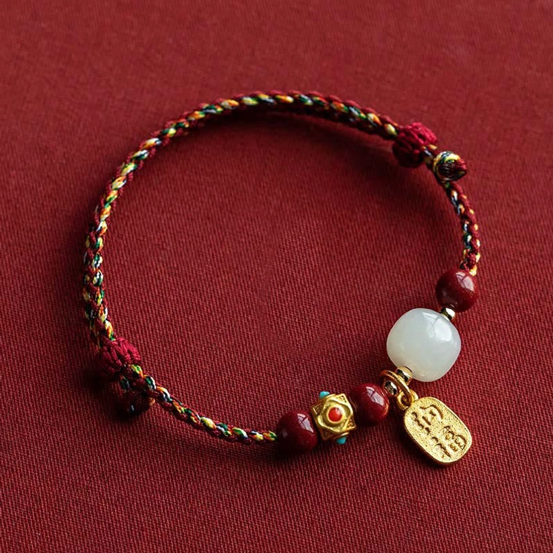 White hetian jade prosperity bracelet with five-colored blessed string size variation display