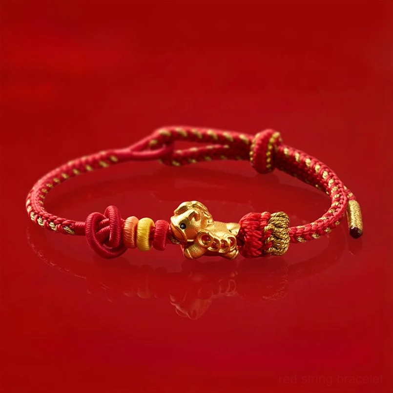 Adjustable red string horse bracelet with braided design and metal accents - top view
