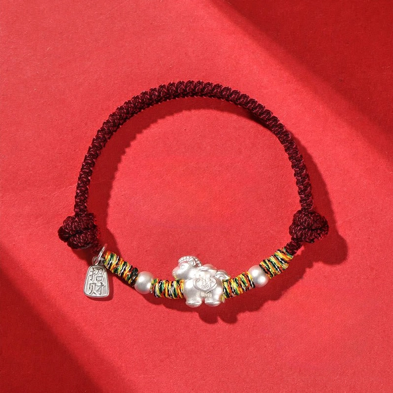 Dark red braided horse silver bracelet fortune tag charm