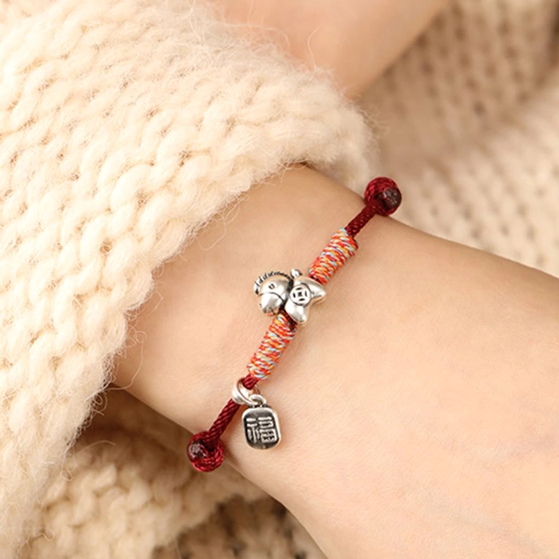 Year of the Horse fu character sterling silver red string bracelet adjustable sizing detail