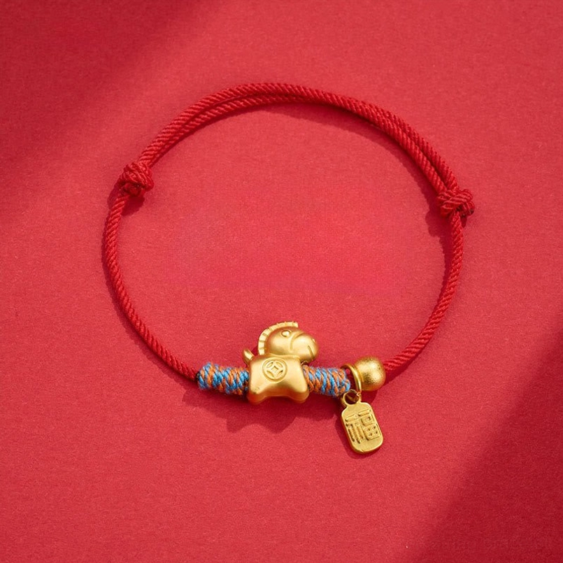 Horse Fu charm red string bracelet adjustable sliding knot flat lay