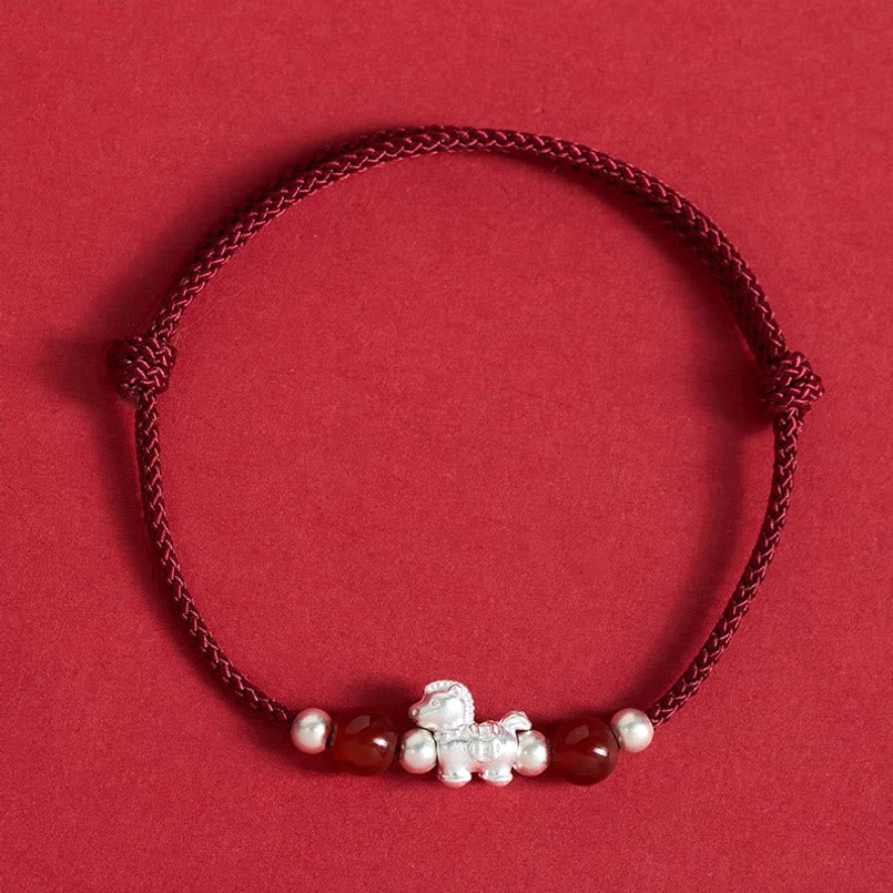 Wine red dark red rope horse red agate bracelet with silver horse charm front lay