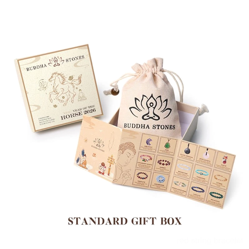 Zodiac Horse red string bracelet product flat lay with gift box
