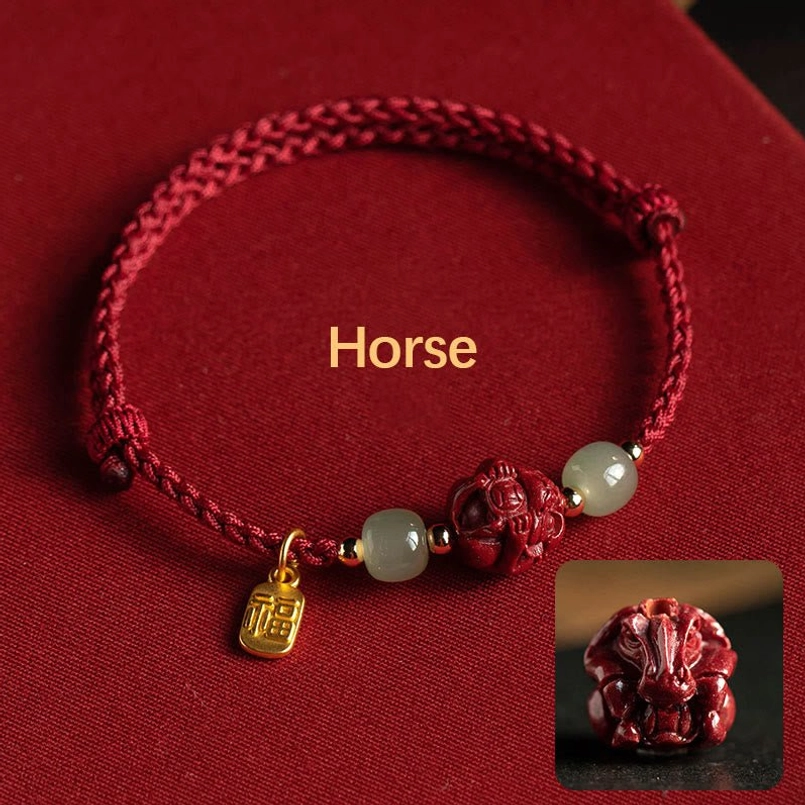 Horse zodiac cinnabar jade fu luck bracelet with red string - Chinese zodiac design
