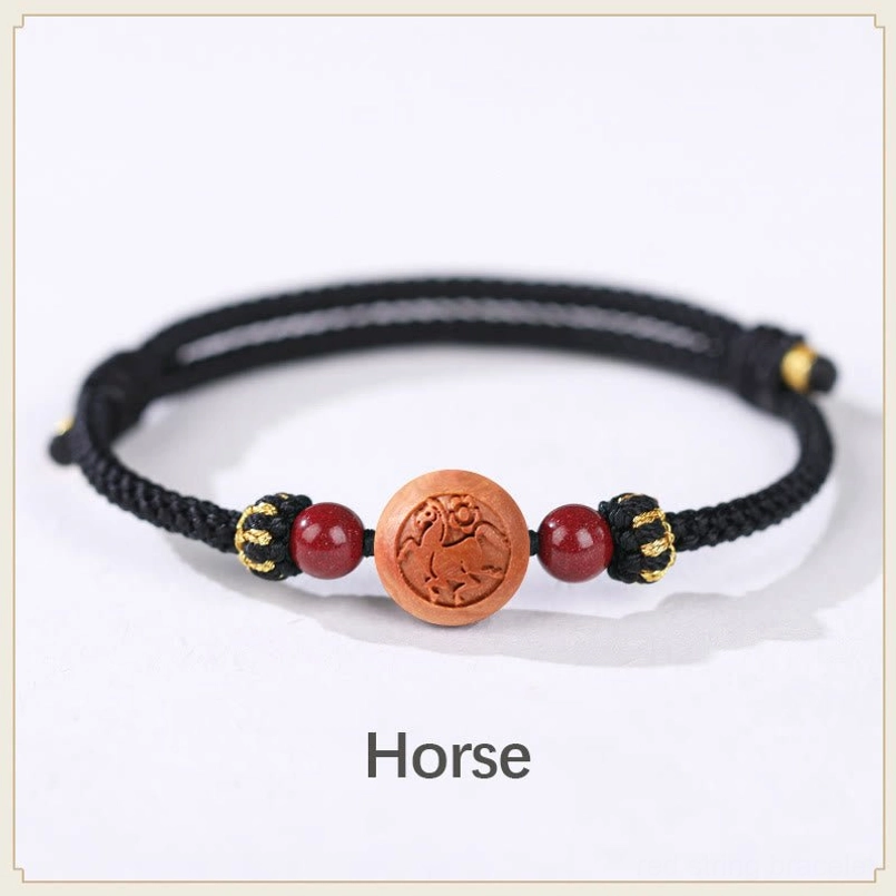 Horse zodiac peach wood black rope bracelet - active energetic vitality prosperity charm