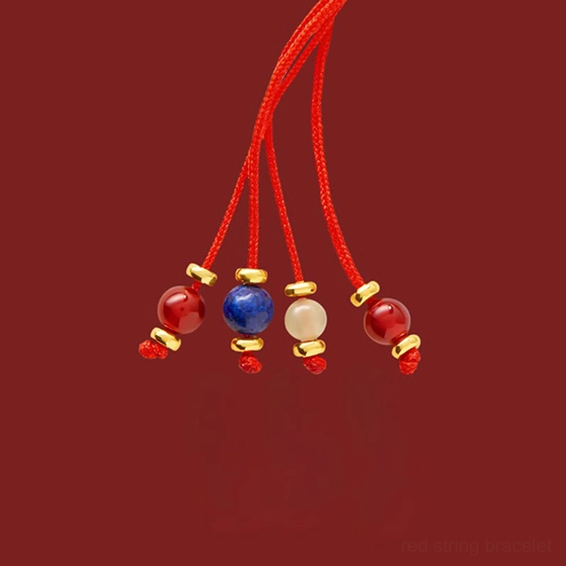 Year of the Horse Fu red string bracelet showcasing craftsmanship with 18k gold plating, jade, and natural stone beads