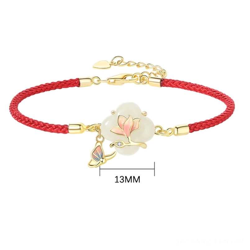 Magnolia butterfly jade bracelet front view 13mm pendant size marker white background