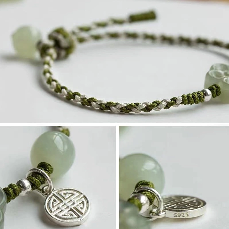 Jade bracelet side view showing braided rope, beads, and woven knot construction detail