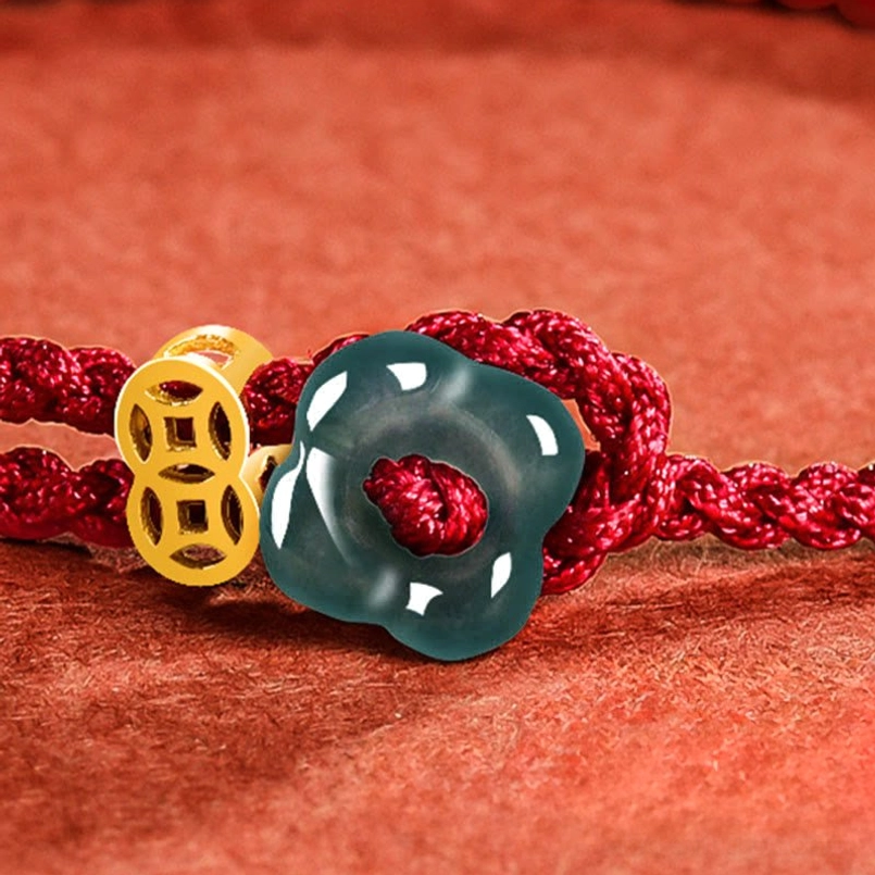 Red string protection bracelet with jade and prosperity copper coin charm handmade artisan