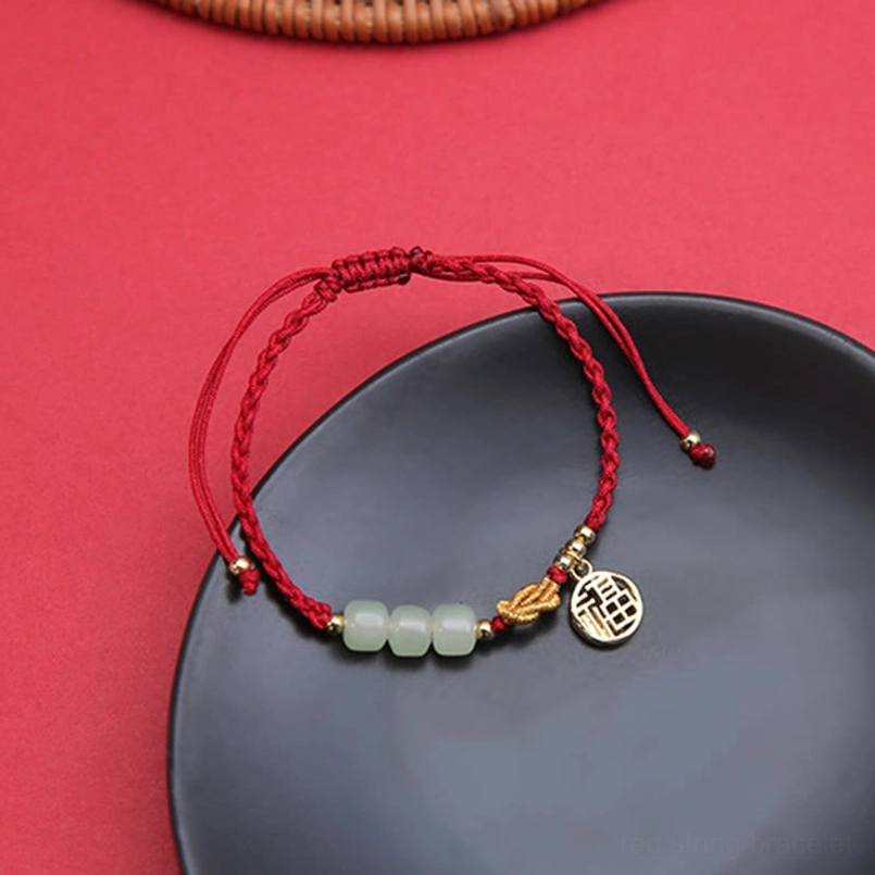 Adjustable jade fu character red rope bracelet multiple wrist sizes 14-22cm