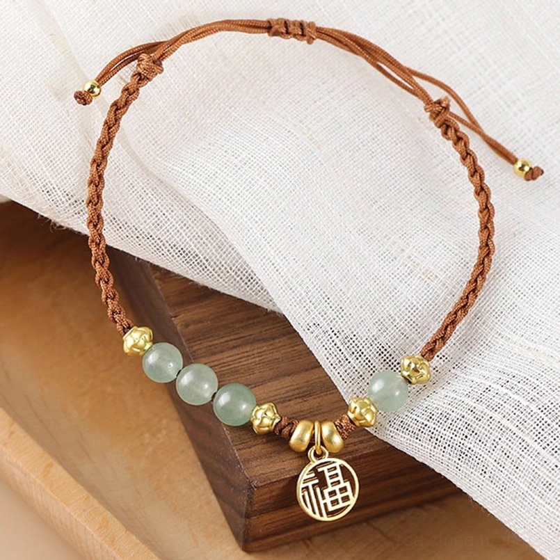 Handmade blessing red string bracelet with jade beads adjustable knot