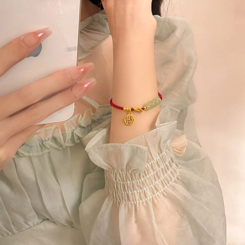 Jade fu character red string bracelet for prosperity protection and good fortune