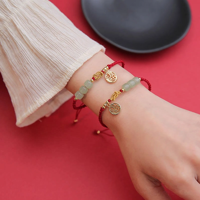 Barrel-cut jade beads with fu character pendant red string bracelet for feng shui blessing