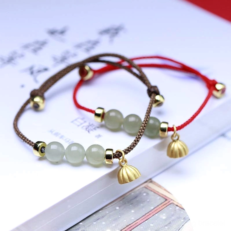 Dual brown and red woven jade bracelets with lotus seed pod pendants and jade beads
