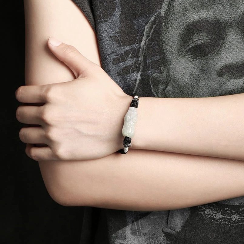 Jade Pixiu wealth bracelet worn on wrist - on-body fit demonstration