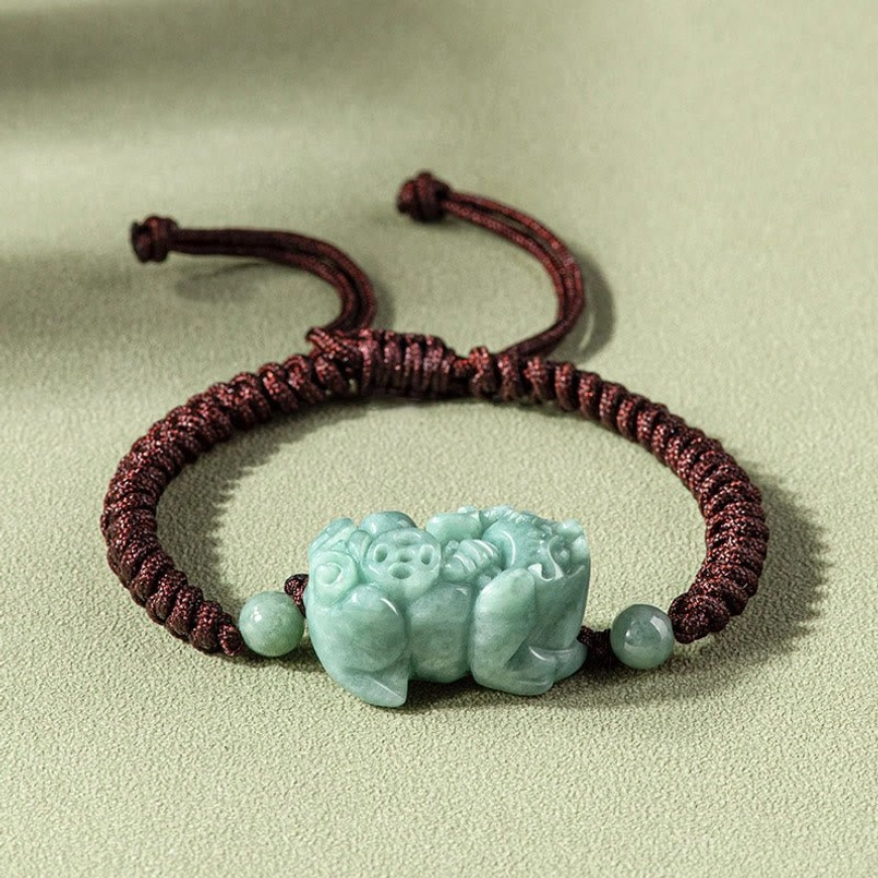 Brown jade Pixiu protection bracelet with King Kong knot, handmade natural stone