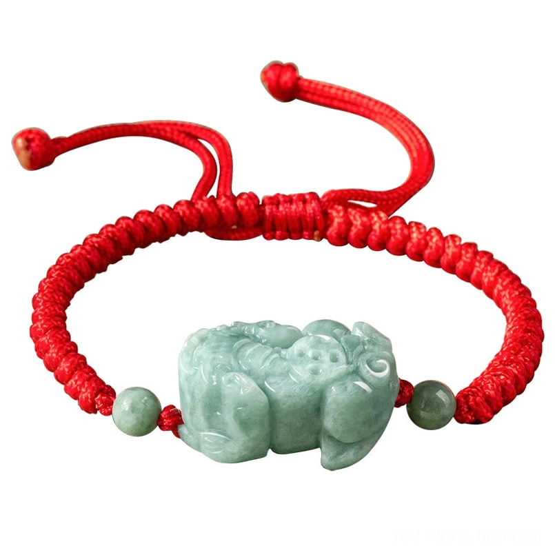 Complete handmade jade Pixiu red string bracelet, symmetrical flat lay view