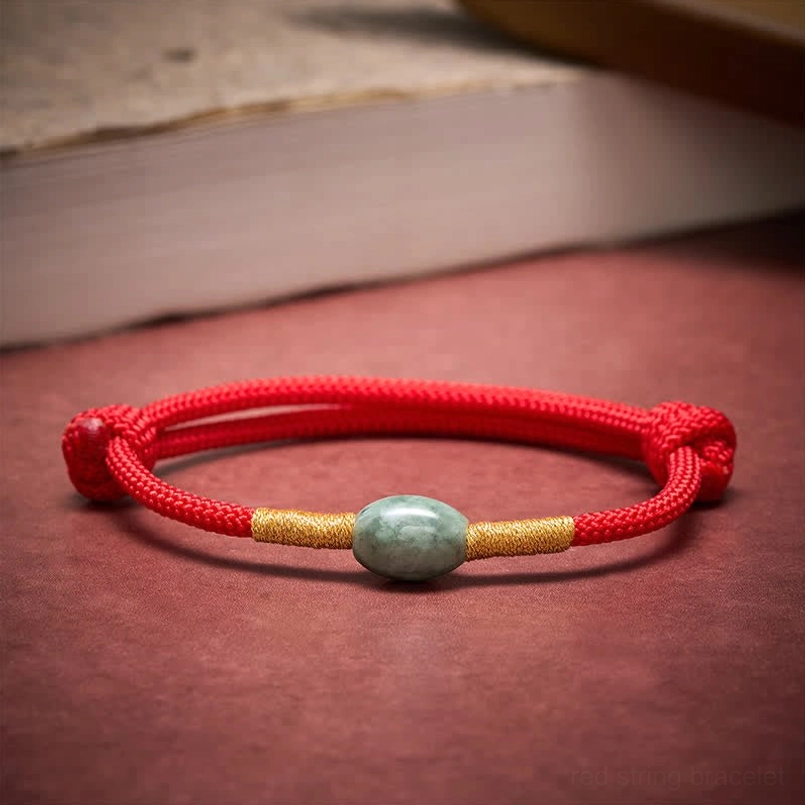 Red string jade bracelet flat lay top down view with book