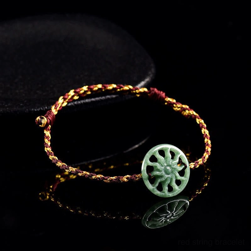 Jade sun wheel bracelet side view showing adjustable sliding knot detail