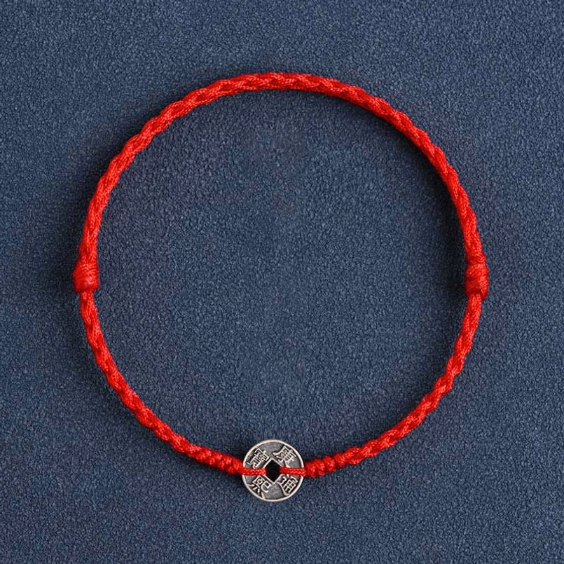 Kangxi Emperor Five Emperor Coins red string bracelet with sterling silver coin detail