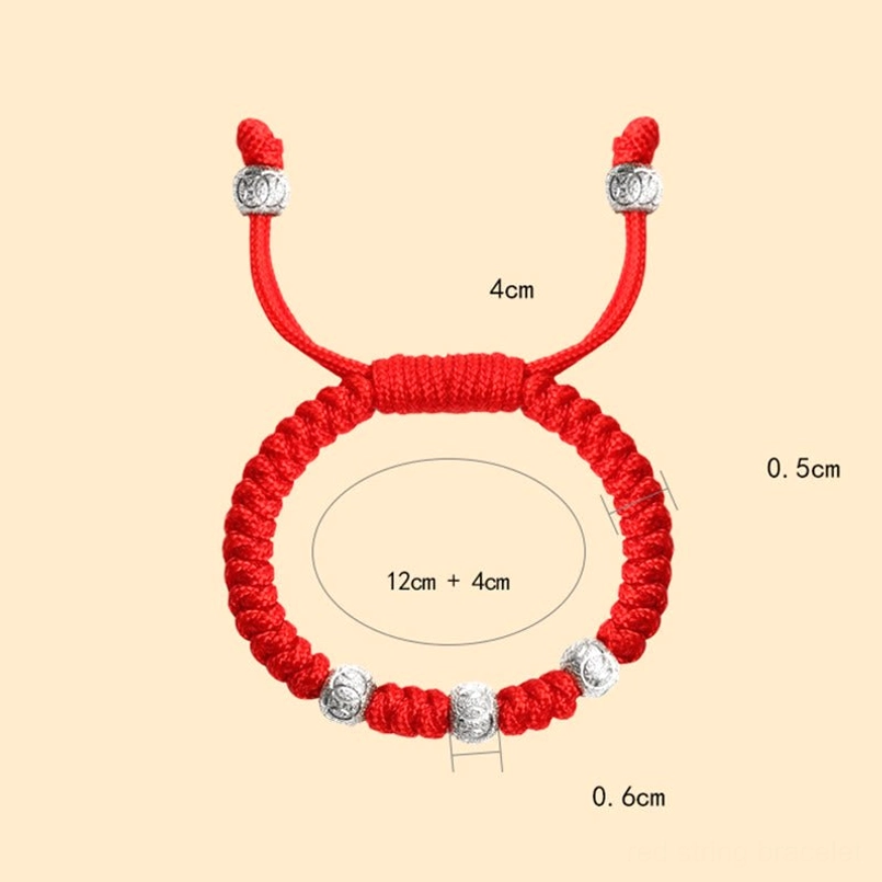 Children's bracelet size specification chart showing wrist circumference measurements with adjustable red rope and silver beads