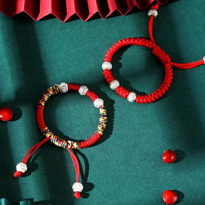 Red rope and colorful braided King Kong knot children's bracelets with engraved sterling silver beads and adjustable ends