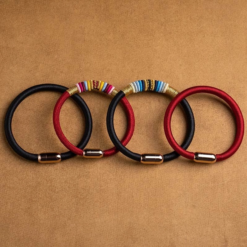 Set of four Tibetan King Kong Knot bracelets with magnetic buckle in multiple colors and sizes