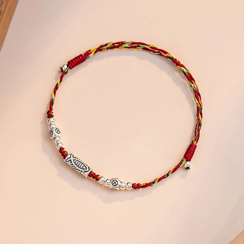 Adjustable red string koi bracelet anklet with engraved silver fish charm sizing guide