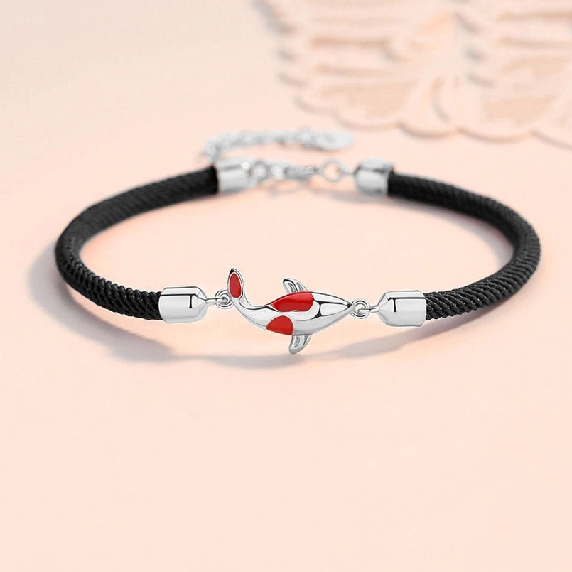 Black koi fish braided rope bracelet with silver-toned red enamel koi charm