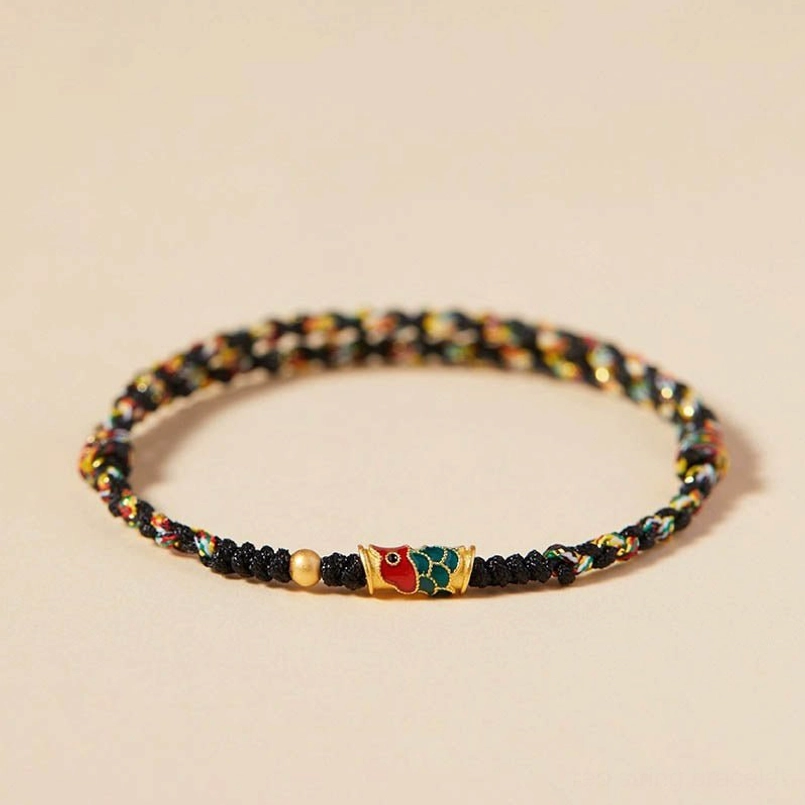 Black and multicolor koi fish prosperity bracelet with enamel charm and gold accent bead