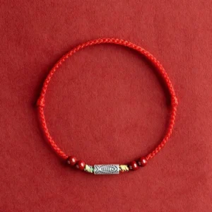 925 Sterling Silver Koi Fish Cinnabar Red String Bracelet Top View with Adjustable Knot