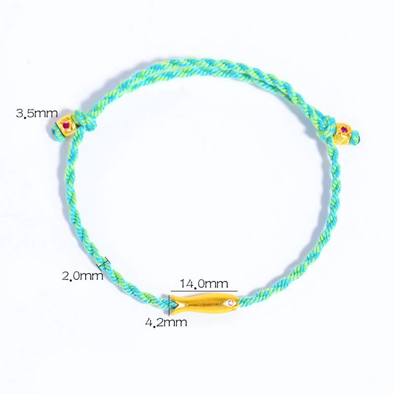 Blue-green braided rope koi fish bracelet with gold charms and red gem accents size reference