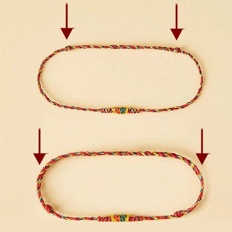 Top view of two adjustable koi fish braided bracelets showing size options and design details