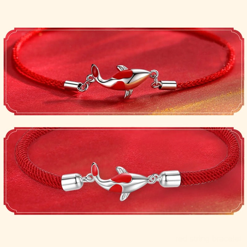 Koi fish bracelet collection showing red and black woven string variants with metal fasteners