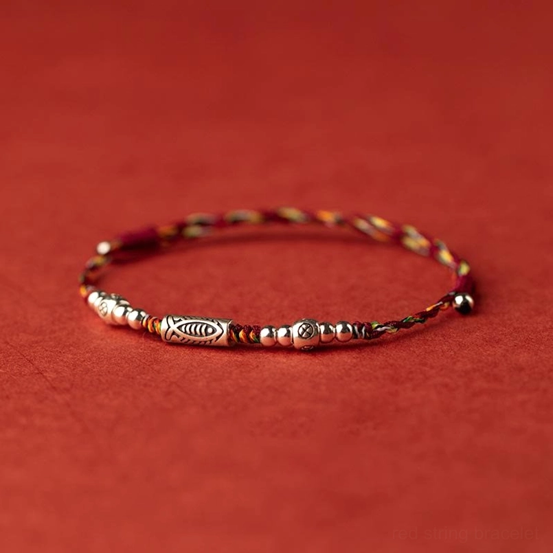 Red string koi fish anklet 925 sterling silver charm with braided multicolored cord