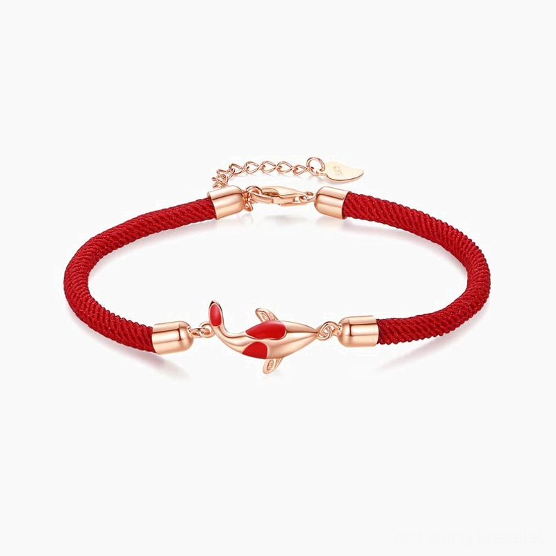 Rose gold koi fish red braided rope bracelet with enamel charm and adjustable clasp