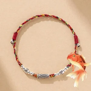 925 sterling silver koi fish red string bracelet with multicolored braided cord and silver charm beads top view