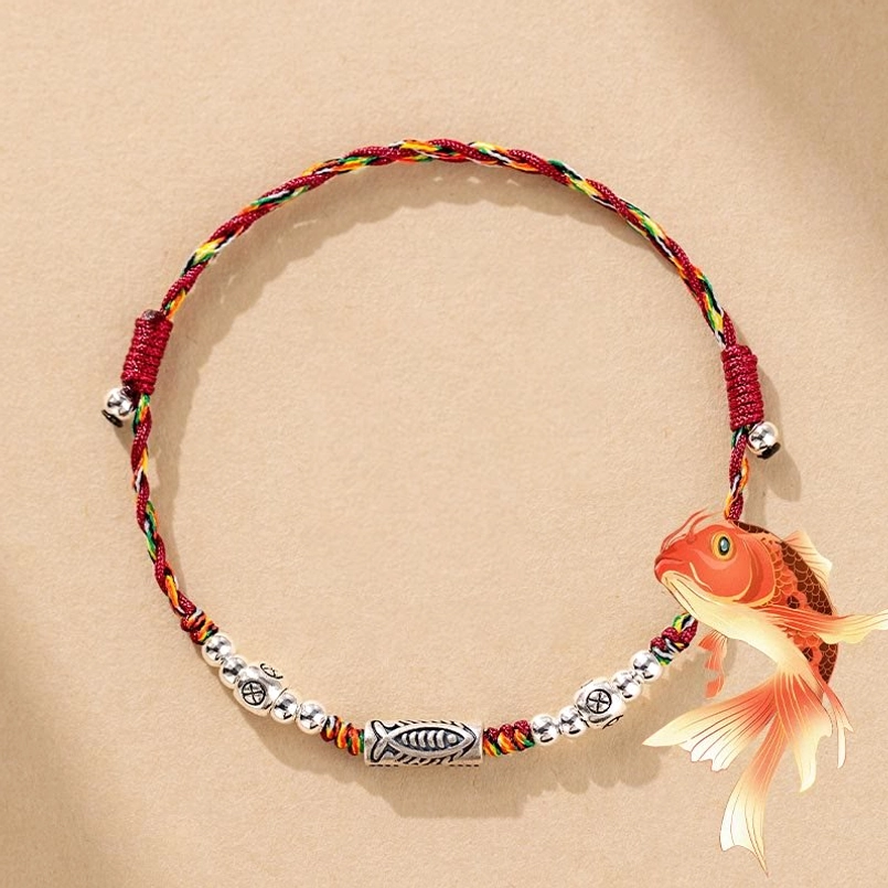 925 sterling silver koi fish red string bracelet with multicolored braided cord and silver charm beads top view