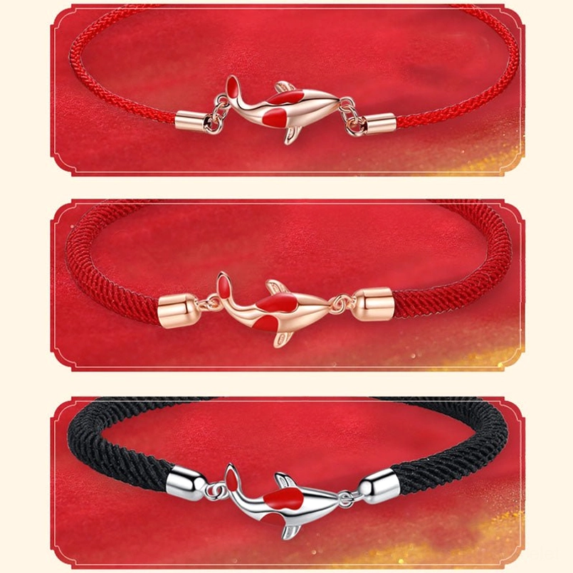 Three koi fish bracelet styles displaying red and black rope with silver and rose gold charms