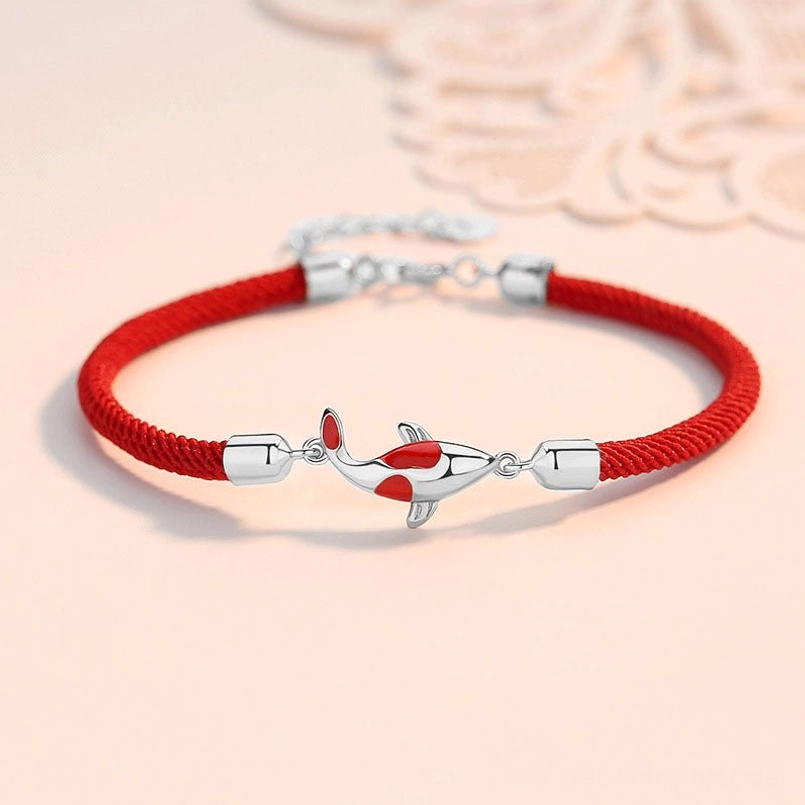 Silver-toned koi fish red string couple bracelet with red enamel and adjustable chain