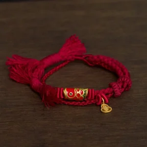 Dark Red Double-Strand Koi Fish Gourd Pendant Bracelet with Gold Charm - Top View