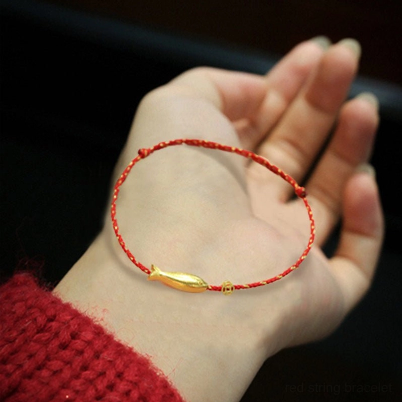 Large koi fish red string bracelet with gold charm and red knitted sleeve pairing