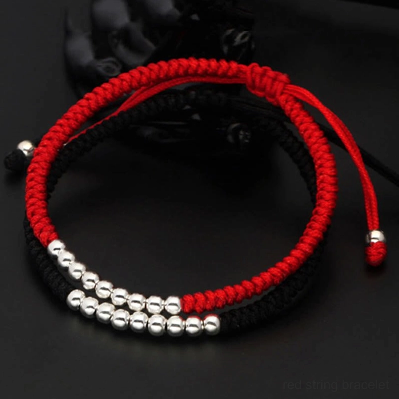 Layered red black red string bracelet with long sterling silver bead strip