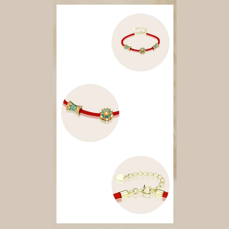 Lifestyle close up of Dunhuang 925 silver lotus red string bracelet worn on wrist