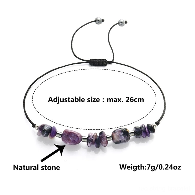 Live in the Moment red string bracelet with purple charoite and dark hematite stones