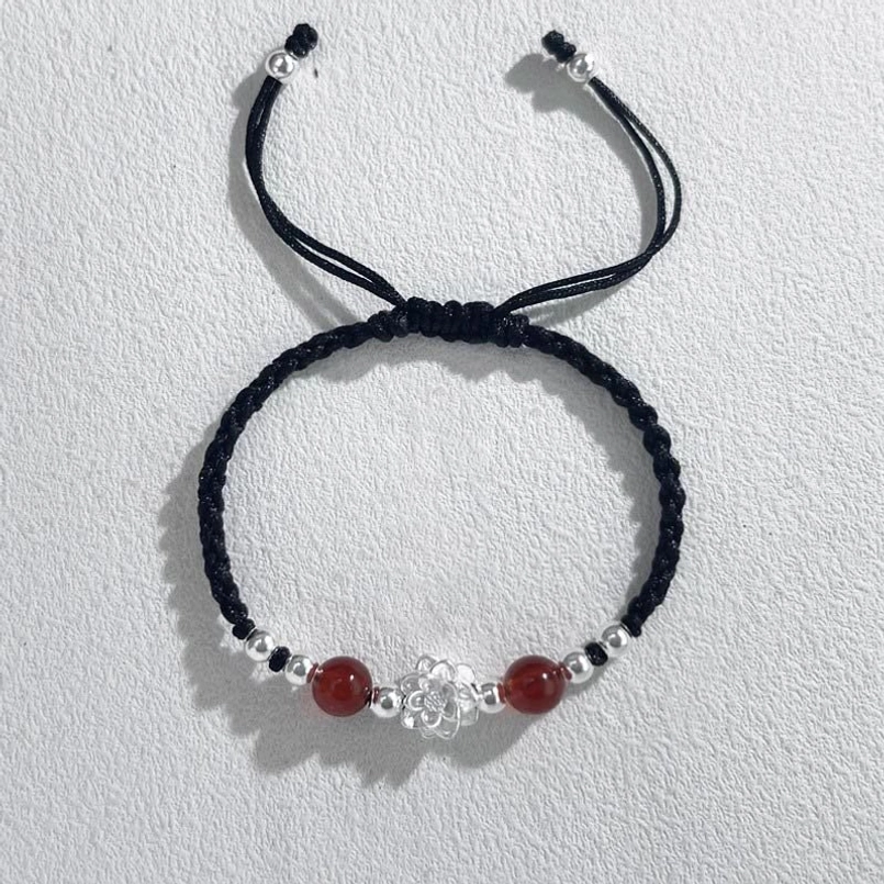 black red string bracelet with red agate beads and silver lotus charm