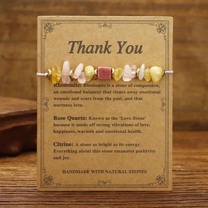 Handmade gratitude bracelet with mixed gemstone beads and vintage thank you card - flat lay display