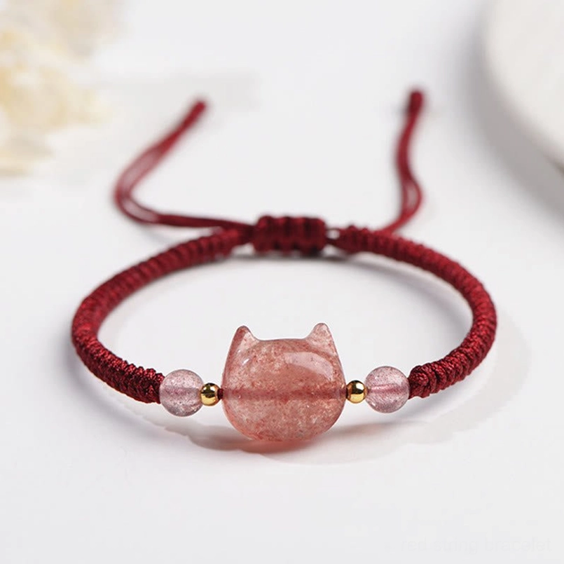 Lovely cat charm bracelet variant with Strawberry Quartz, pink cord and cute cat pendant design