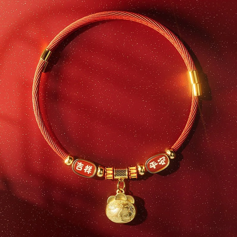 Lucky bag charm style red string pet collar with prosperity symbols and gold accents