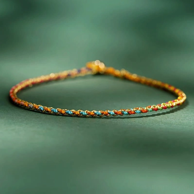 Thin woven lucky coin bracelet with multicolor twisted rope and metal adjustable clasp